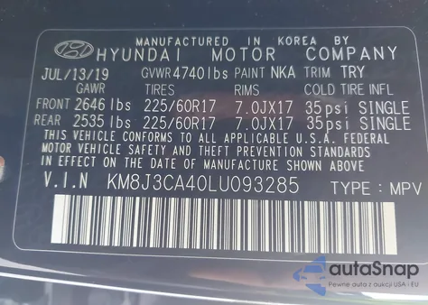 2020 Hyundai Tucson Value z USA, uszkodzony, nr VIN KM8J3CA40LU093285